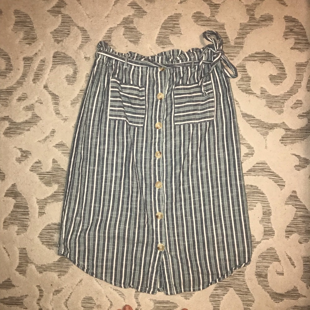 Blue Rain Green and Blue Striped Midi Skirt with Pockets and Tie Size Medium